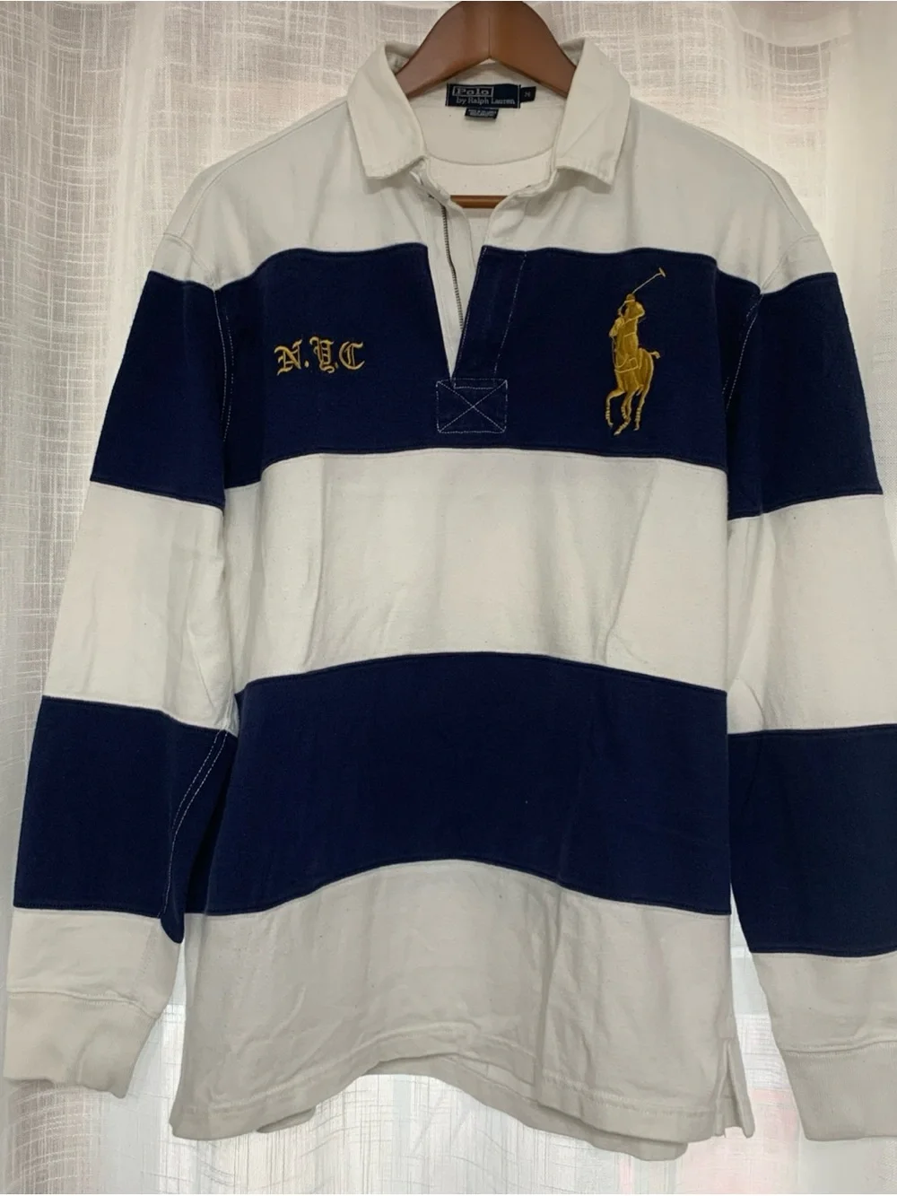 Ralph Lauren Men's Navy and White Striped Rugby Polo with Gold Pony Oversized